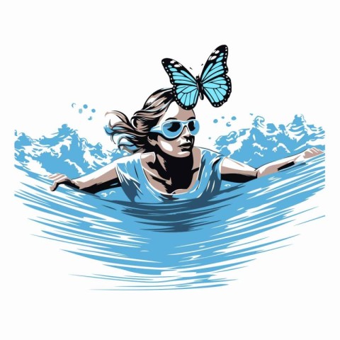 vector illustration of a girl swimming in the sea with a butterf