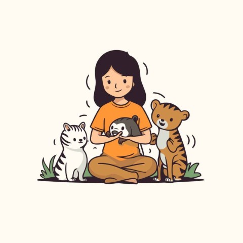 Cute little girl sitting with cat and dog. Vector illustration.