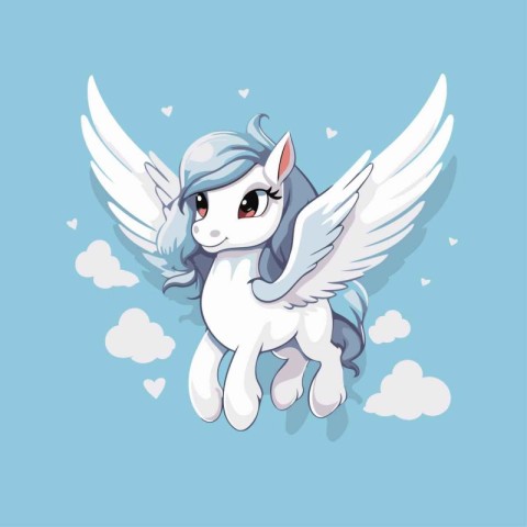 Cute white unicorn with wings flying in the sky. Vector illustra