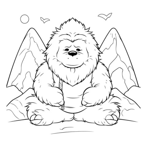 Cartoon illustration of chow-chow dog sitting on the ground.