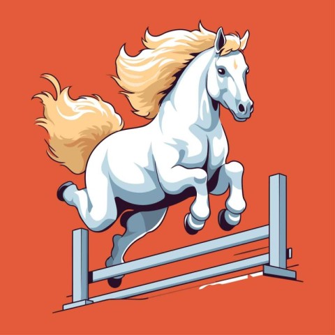 White horse jumping over obstacle on orange background. Vector c