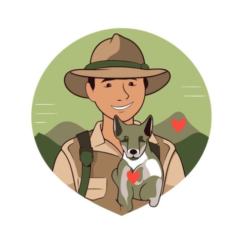 Veterinarian with a dog in the field. Vector illustration.