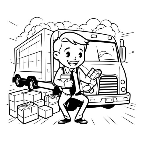 Black and White Cartoon Illustration of Delivery Boy Character w