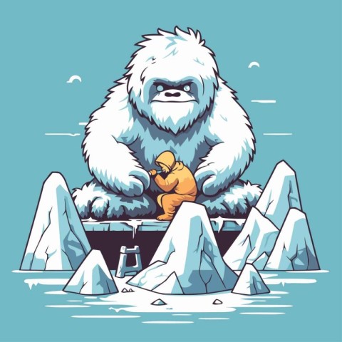 Gorilla sitting on the top of the mountain. Vector illustration