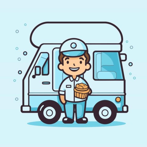 Cute cartoon delivery boy with food truck. Vector illustration i