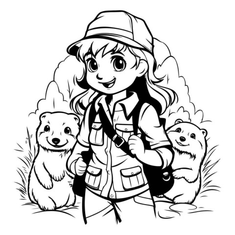 Outline illustration of a girl scout with her dog and bear.