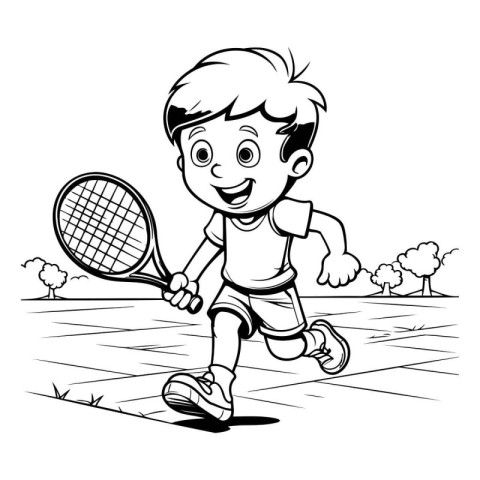 Boy playing tennis. Black and white vector illustration for colo