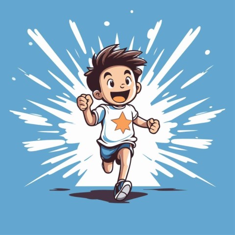 Cheerful boy running with star in his hand. Vector illustration.