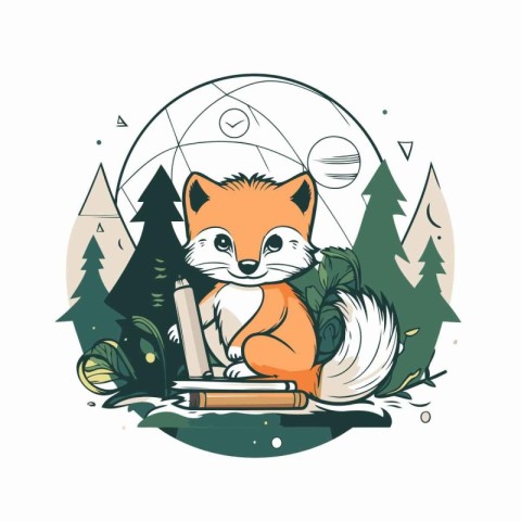 Cute fox sitting with a book in the forest. Vector illustration.