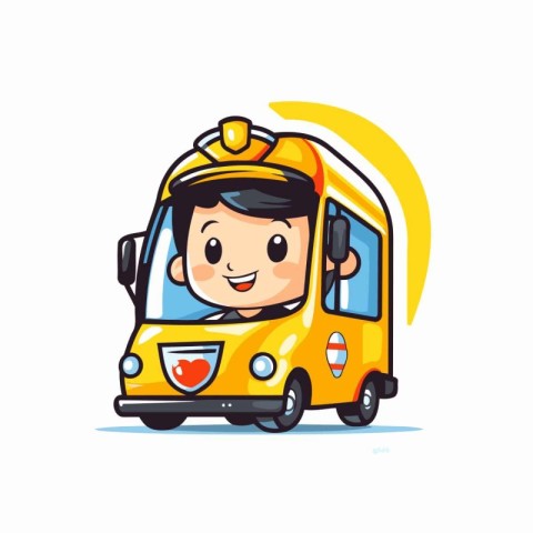 Cute little boy riding a yellow school bus. Vector illustration.