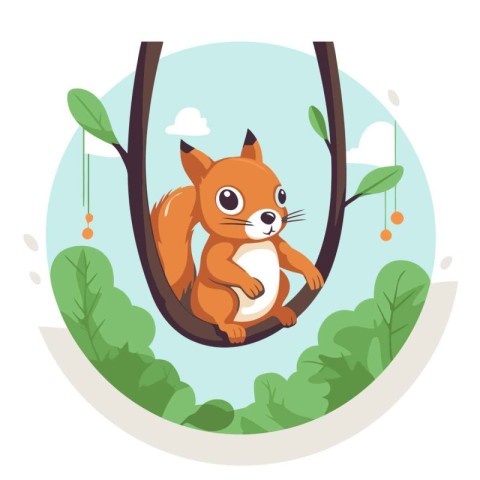 Cute cartoon squirrel in a tree. Vector illustration in flat sty