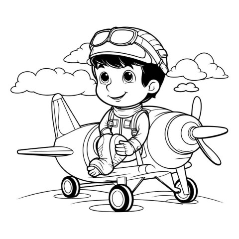 Cute boy in pilot costume with airplane cartoon vector illustrat