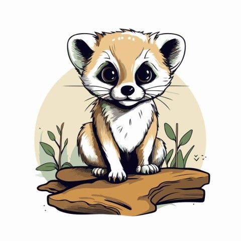 Cute kawaii lemur sitting on log. Vector illustration.