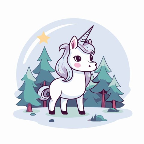 cute unicorn in the landscape with trees and star vector illustr