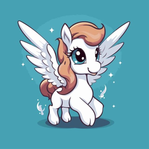 Cute cartoon white unicorn with wings and stars. Vector illustra