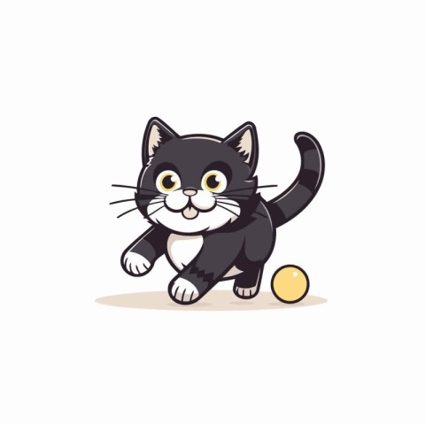 Cute cartoon black cat playing with a ball. Vector illustration.