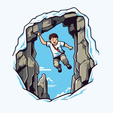 Climber jumping through the gap in the rock. Vector illustration