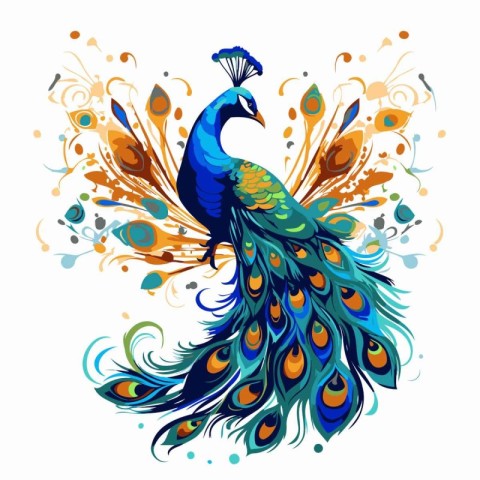 Peacock with colorful feathers on white background. Vector illus