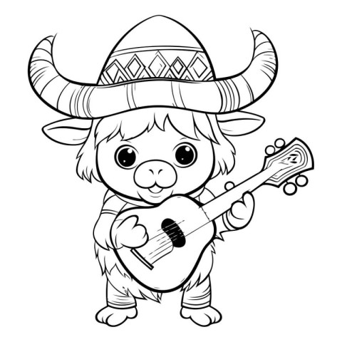 Black and White Cartoon Illustration of Cute Buffalo with Guitar