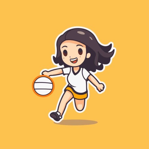 Cartoon girl playing basketball. Vector illustration in a flat s