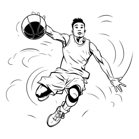 Basketball player jumping with ball. Black and white vector illu