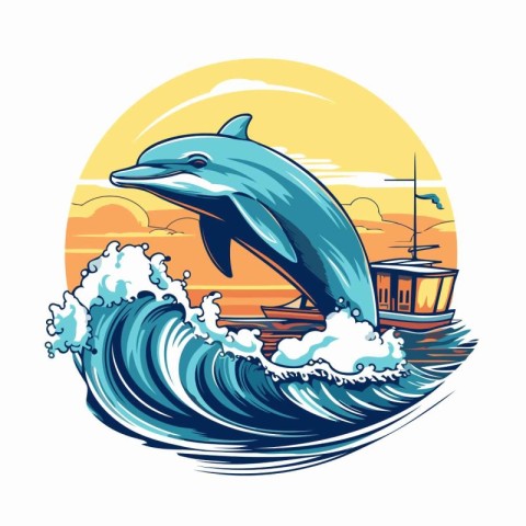 Dolphin jumping out of the water on the waves. Vector illustrati