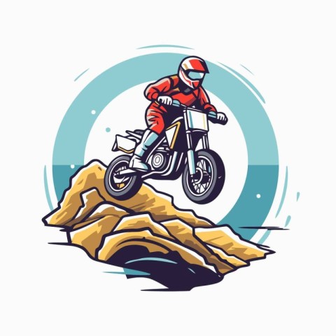 Motocross rider in helmet riding on the rocks. Vector illustrati