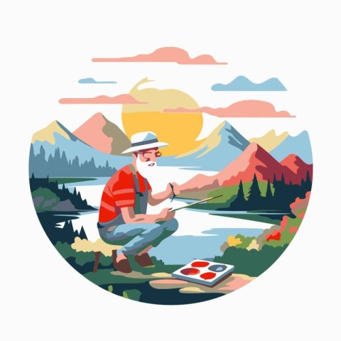 Fisherman on the lake. Vector illustration in flat style.