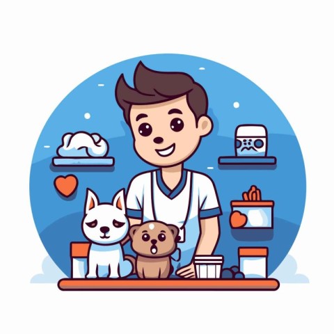 Pet shop concept. Vector illustration in flat style. Young man w