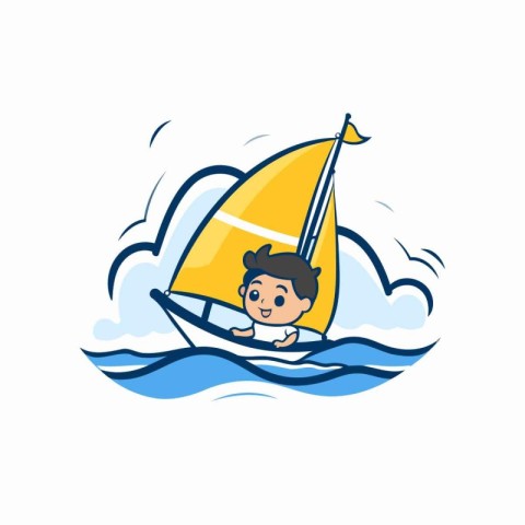 Sailing boy in the sea on a sailboat. Cartoon vector illustratio