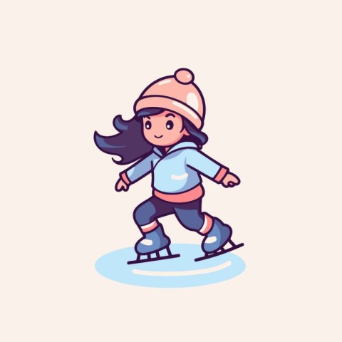 Cute little girl skating on ice. Vector illustration in cartoon