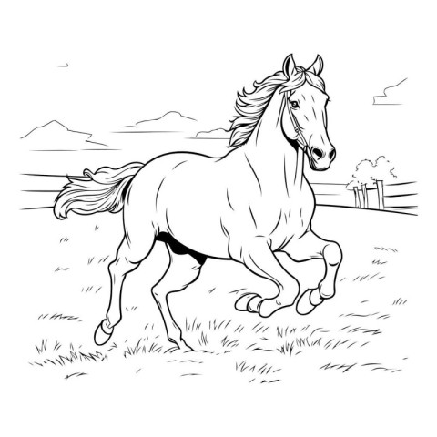Horse running on the meadow. Black and white vector illustration