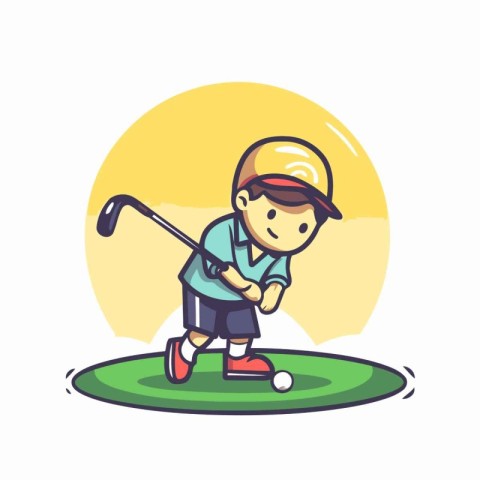 Boy playing golf. Vector illustration in cartoon style on white