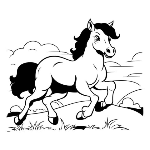 Black and white vector illustration of a horse running in the fi