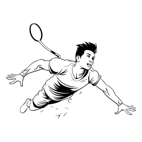 Badminton player. Black and white vector illustration of badmint