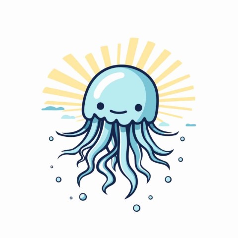 Cute cartoon jellyfish with sunburst on the background. Vector i