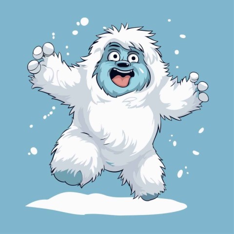 funny cartoon white shaggy dog jumping on a blue background