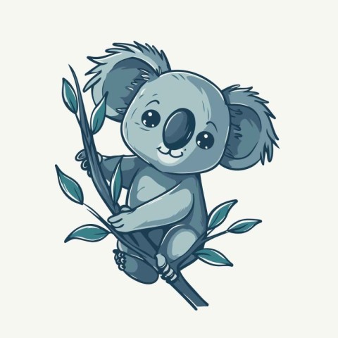 Cute cartoon koala holding a branch of eucalyptus. Vector illust