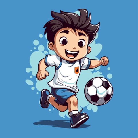 Cartoon soccer player with ball on blue background. Vector illus