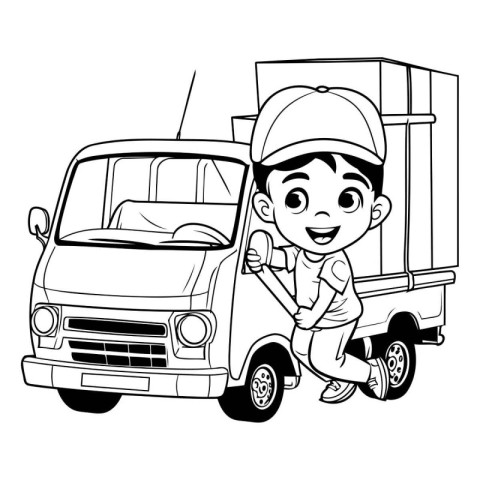 cute delivery boy with truck and boxes cartoon vector illustrati