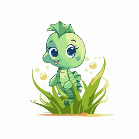 Cute cartoon seahorse sitting on grass. Vector illustration.