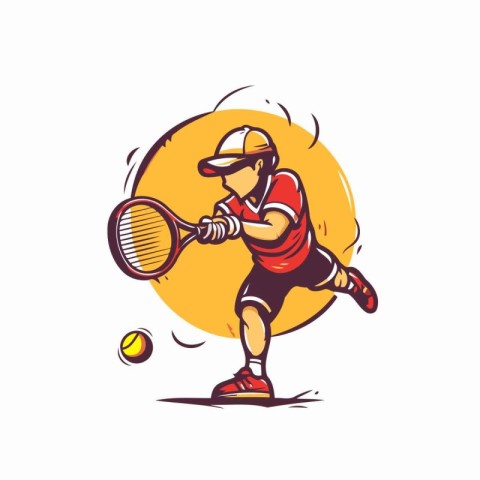 Tennis player action cartoon sport vector graphic design. Retro