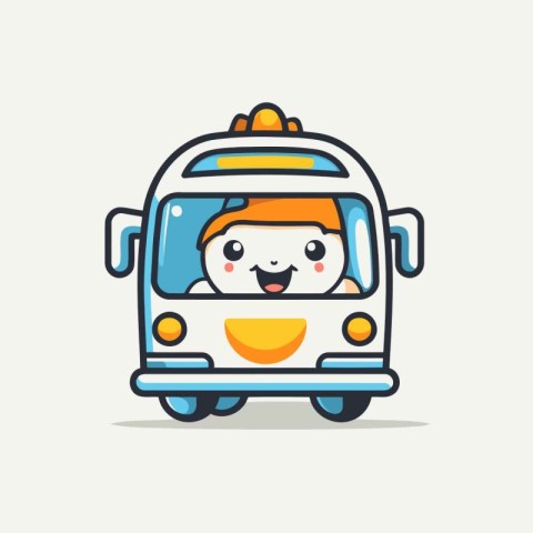 Cute school bus character in cartoon style. Vector Illustration.