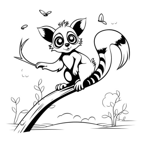 Cute cartoon lemur on a tree branch. Vector illustration.