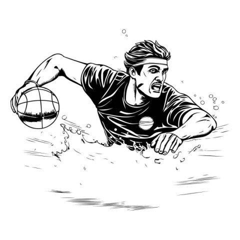 Soccer player catches the ball. Black and white vector illustrat