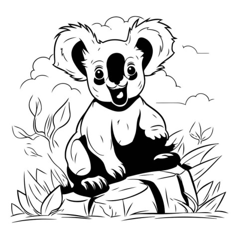 Koala bear sit on the stump. Black and white vector illustration