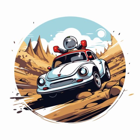 Vintage car on the road in the desert. Vector illustration.