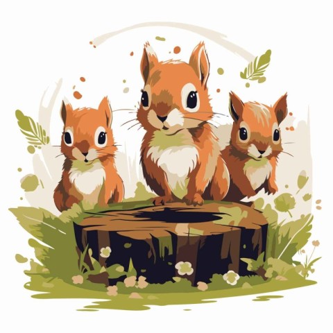 Squirrels on a stump. Vector illustration in cartoon style.