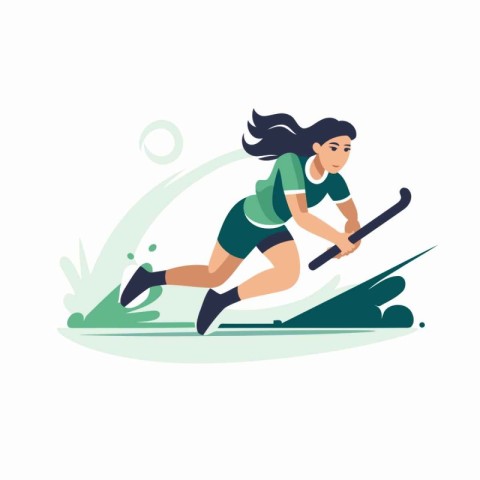 Female hockey player with stick and puck. Flat style vector illu