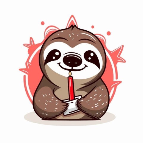 Cute cartoon sloth holding a candle in his hand. Vector illustra